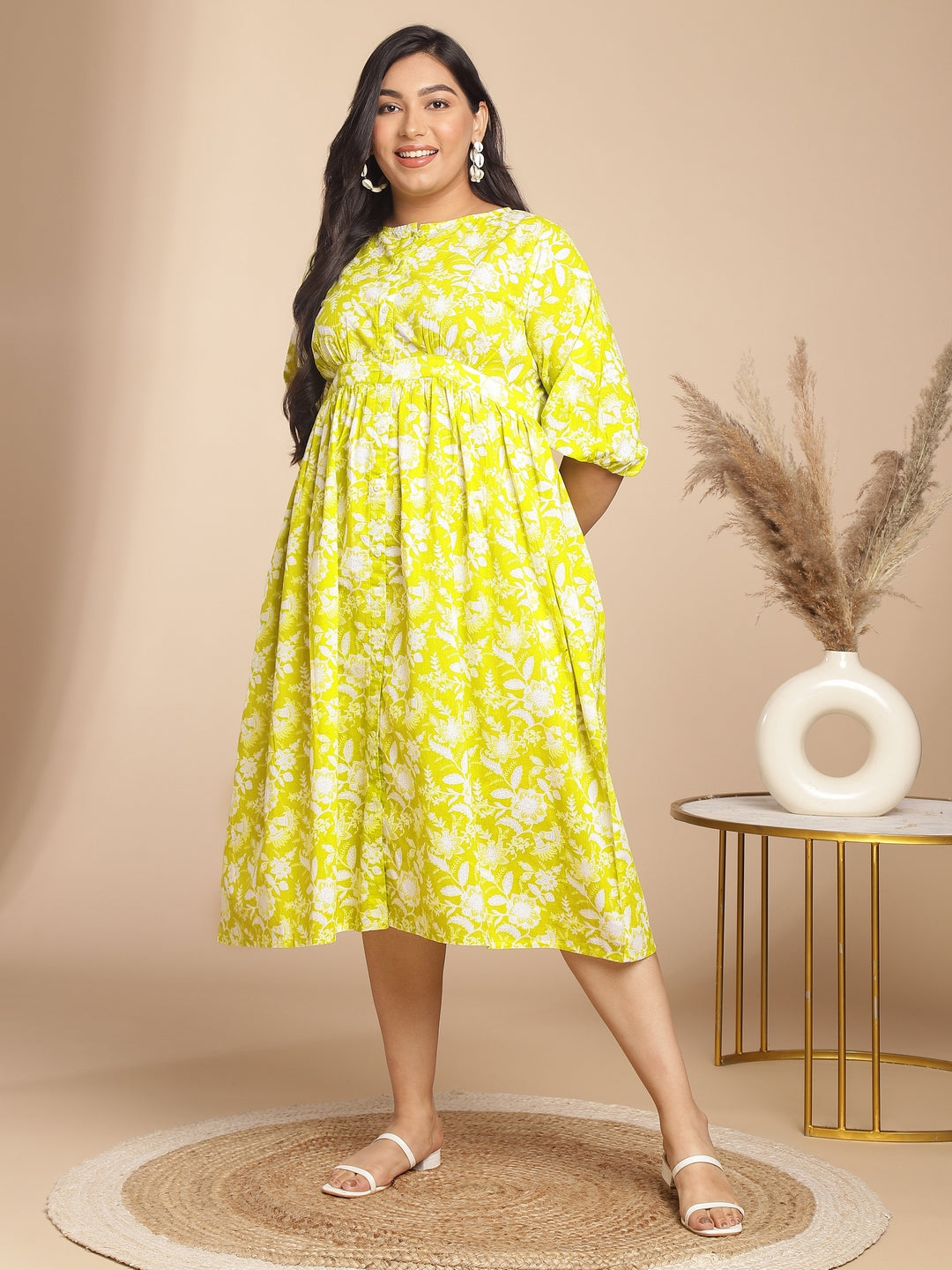 Janasya Gathering Cambric Lime Floral Round Neck Dress - Distacart