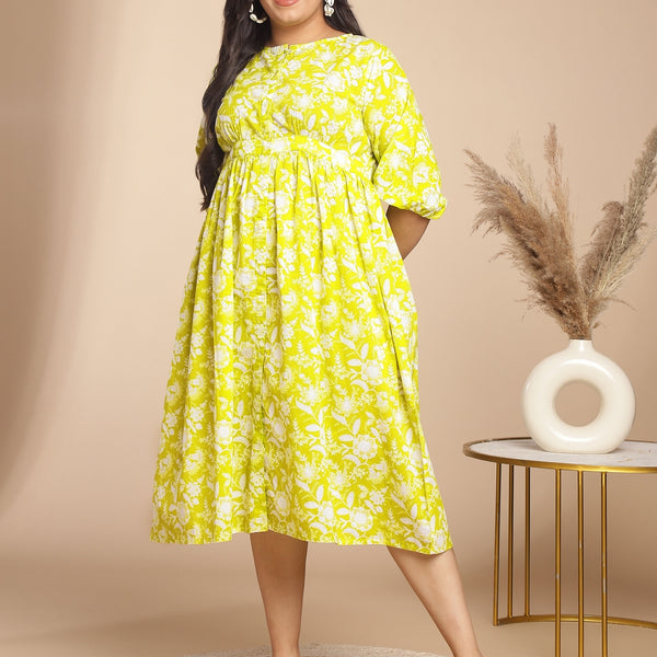 Janasya Gathering Cambric Lime Floral Round Neck Dress - Distacart