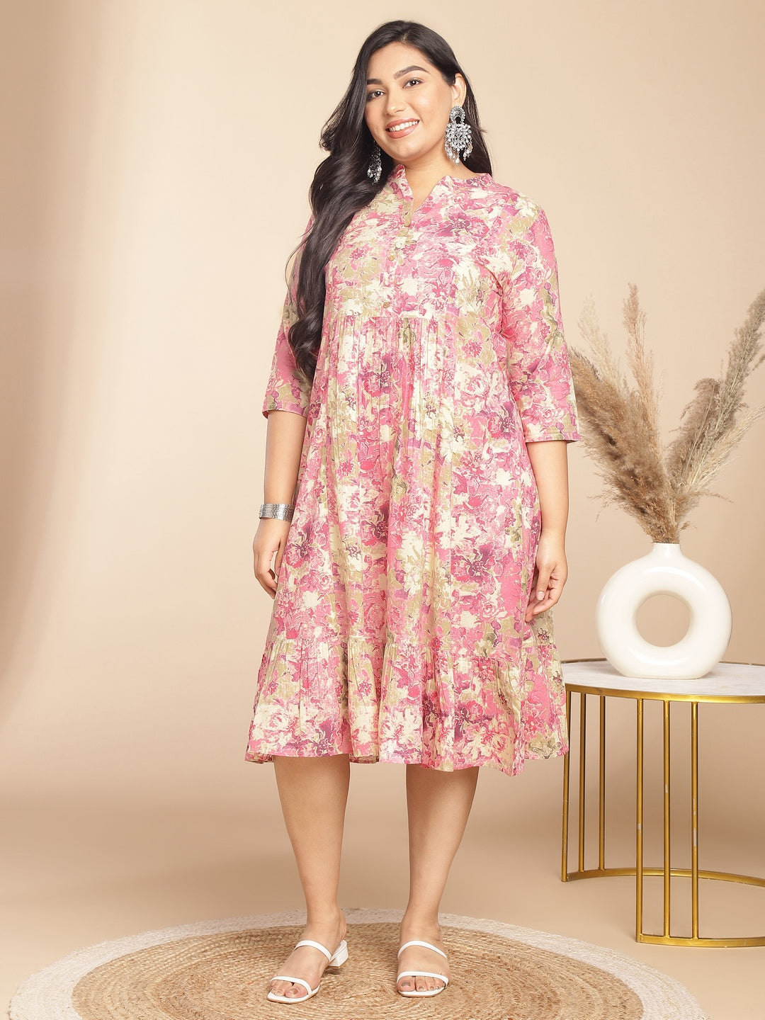 Janasya Gathered Cambric Pink Abstract Band Collar Dress - Distacart