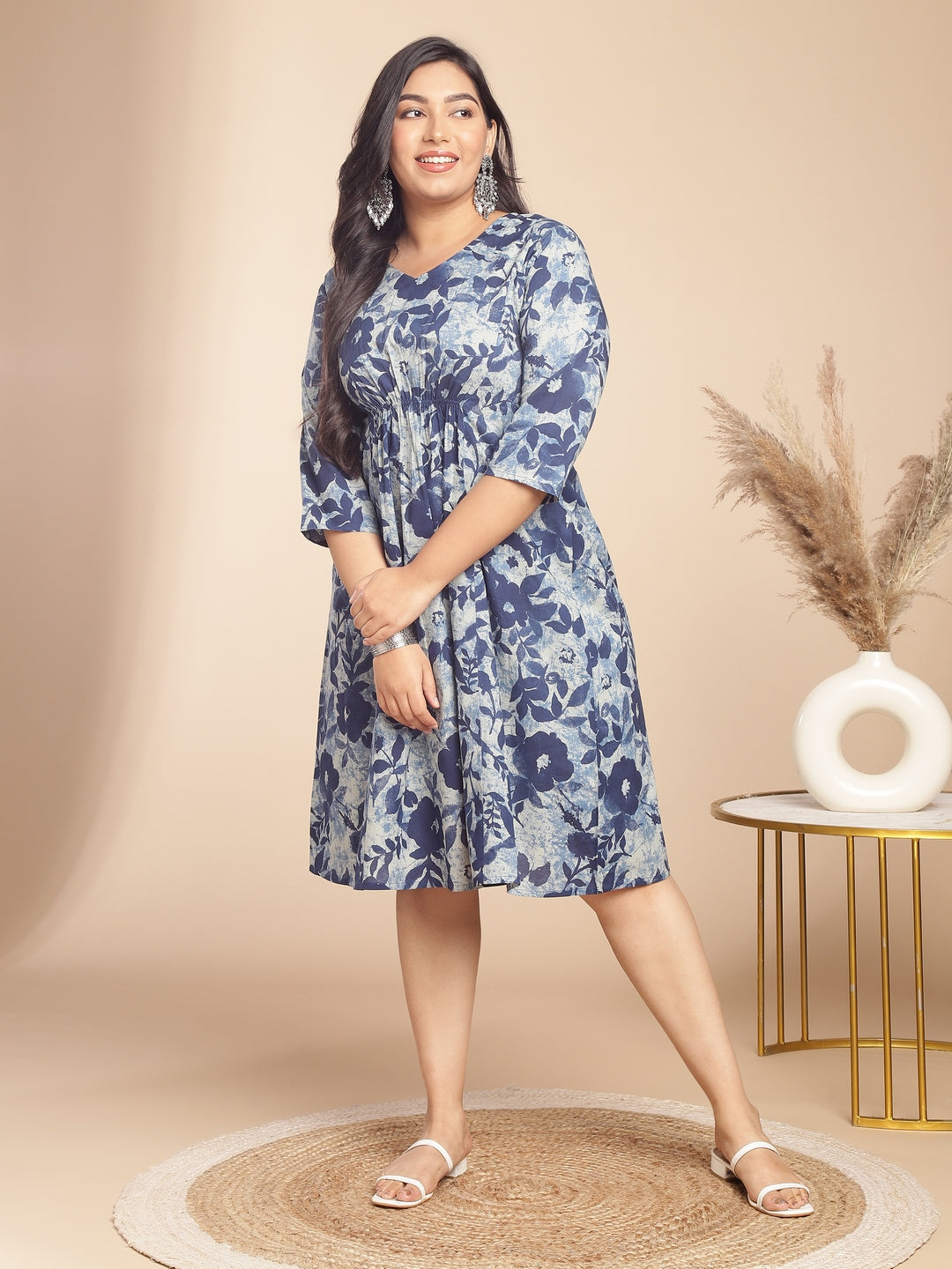 Janasya Gathered Cambric Indigo Floral V-Neck Dress - Distacart