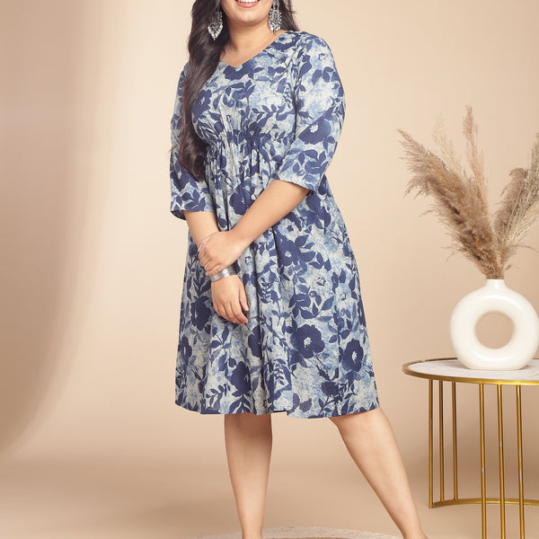 Janasya Gathered Cambric Indigo Floral V-Neck Dress - Distacart