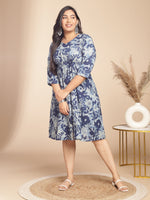 Thumbnail for Janasya Gathered Cambric Indigo Floral V-Neck Dress - Distacart