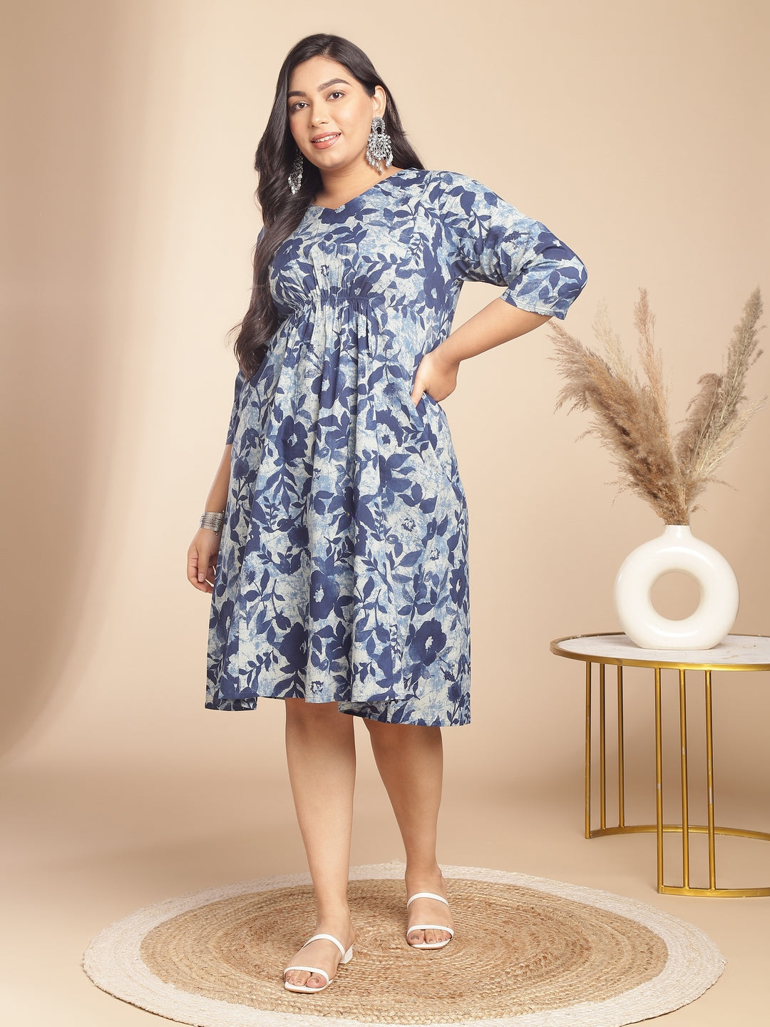 Janasya Gathered Cambric Indigo Floral V-Neck Dress - Distacart