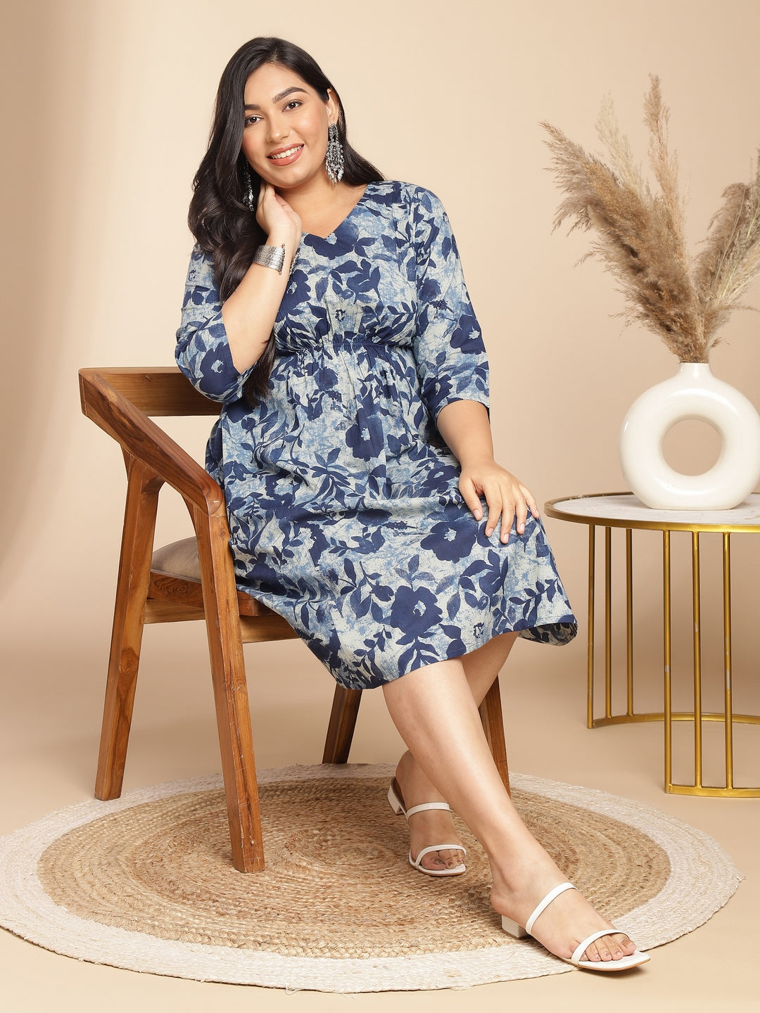 Janasya Gathered Cambric Indigo Floral V-Neck Dress - Distacart