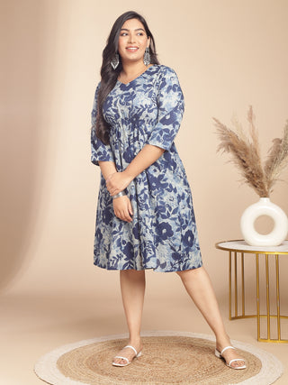 Janasya Gathered Cambric Indigo Floral V-Neck Dress - Distacart