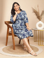 Thumbnail for Janasya Gathered Cambric Indigo Floral V-Neck Dress - Distacart