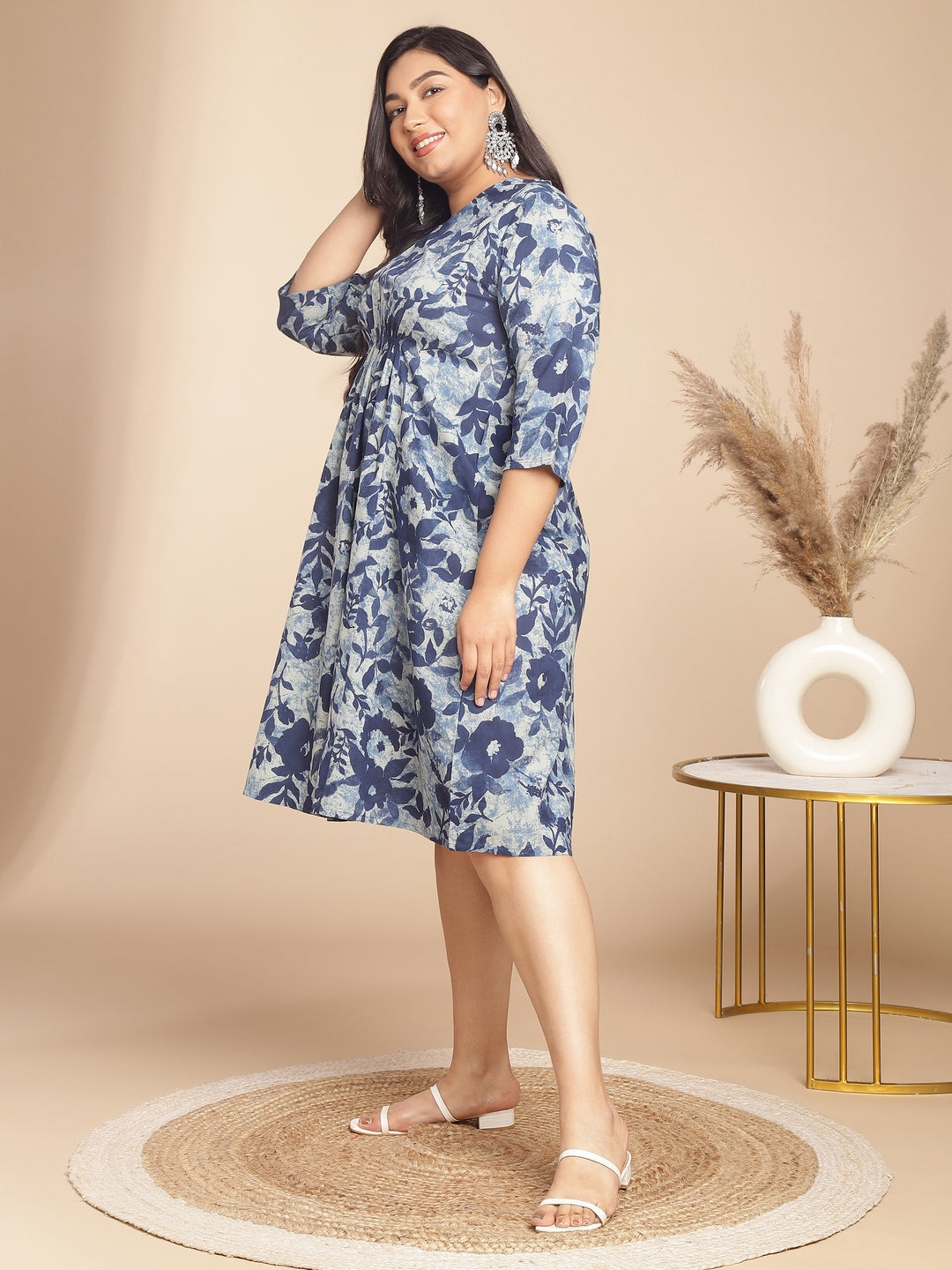 Janasya Gathered Cambric Indigo Floral V-Neck Dress - Distacart