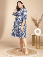 Thumbnail for Janasya Gathered Cambric Indigo Floral V-Neck Dress - Distacart
