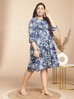 Thumbnail for Janasya Gathered Cambric Indigo Floral V-Neck Dress - Distacart