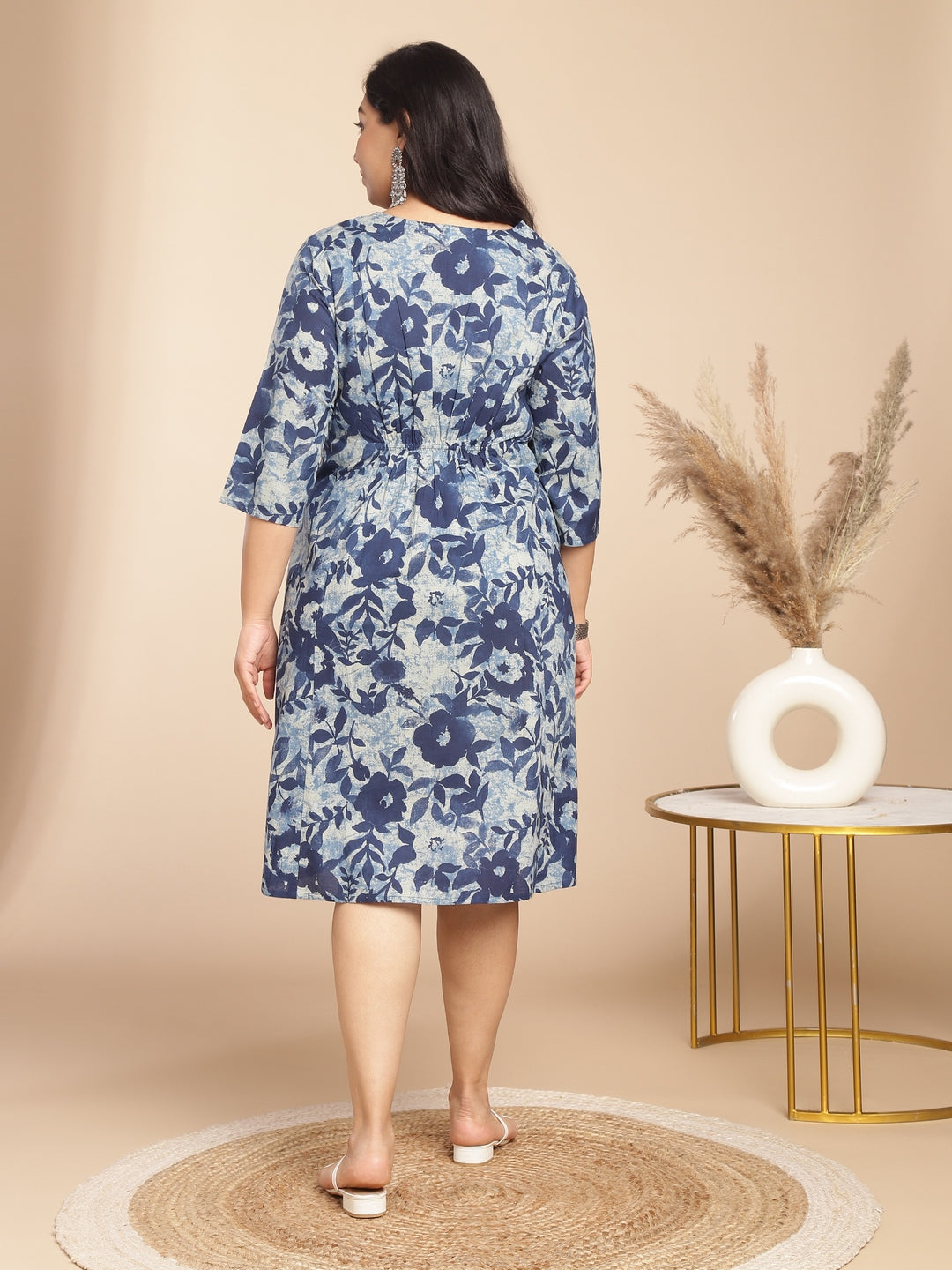 Janasya Gathered Cambric Indigo Floral V-Neck Dress - Distacart