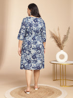 Thumbnail for Janasya Gathered Cambric Indigo Floral V-Neck Dress - Distacart
