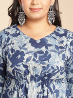 Thumbnail for Janasya Gathered Cambric Indigo Floral V-Neck Dress - Distacart