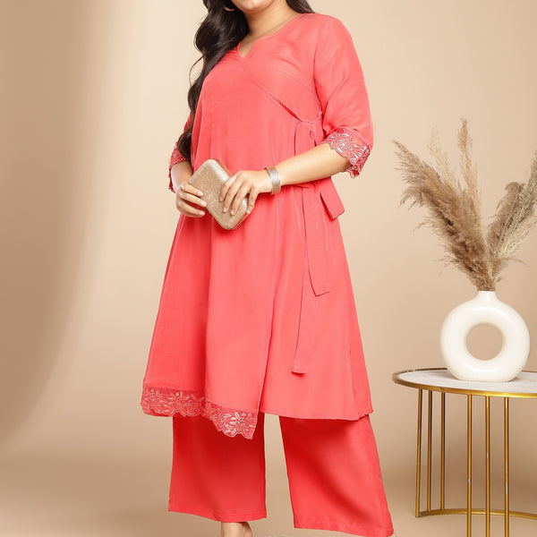 Janasya Angrakha Muslin Peach Solid V-Neck Kurta & Bottom - Distacart