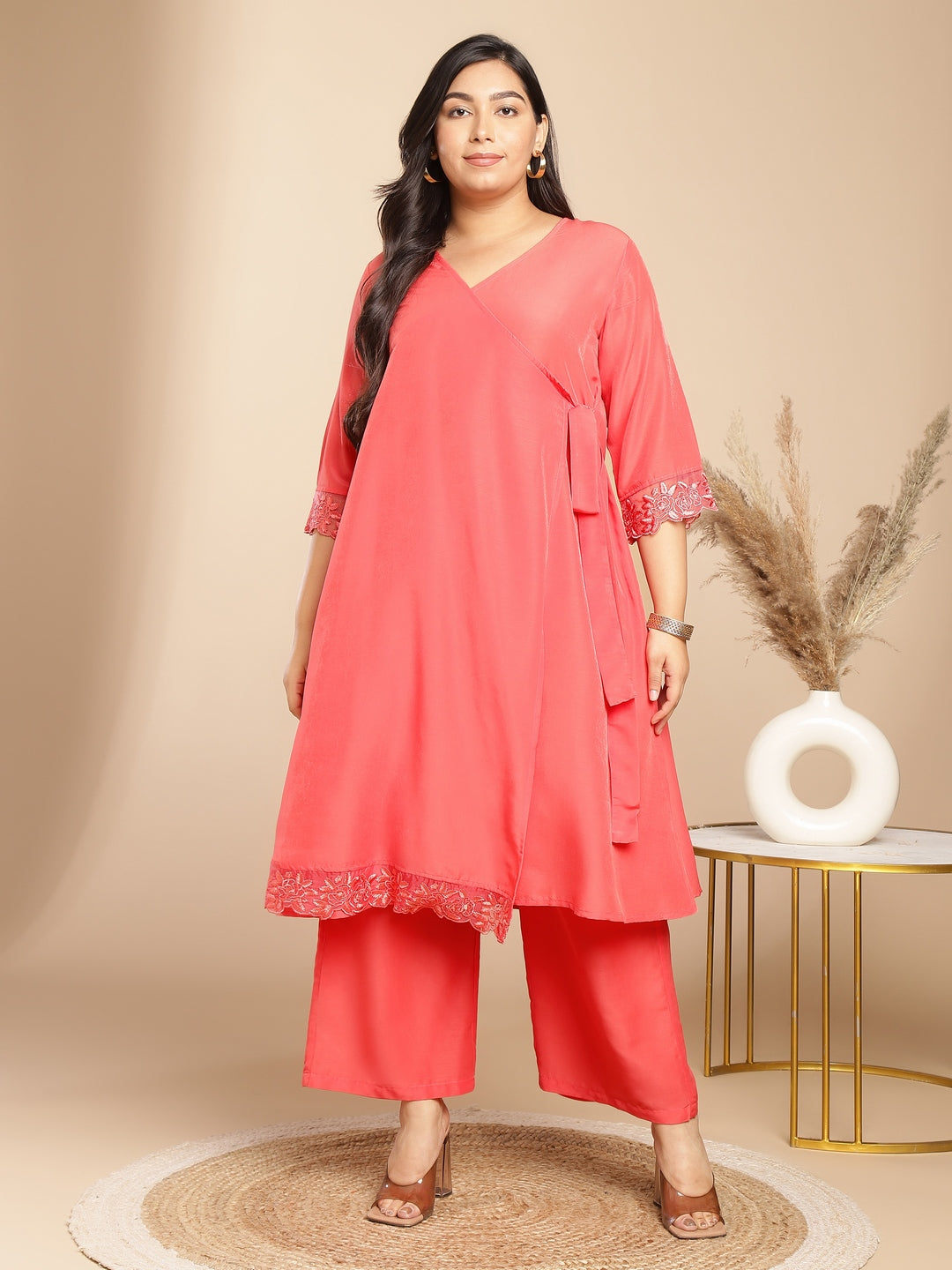 Janasya Angrakha Muslin Peach Solid V-Neck Kurta & Bottom - Distacart