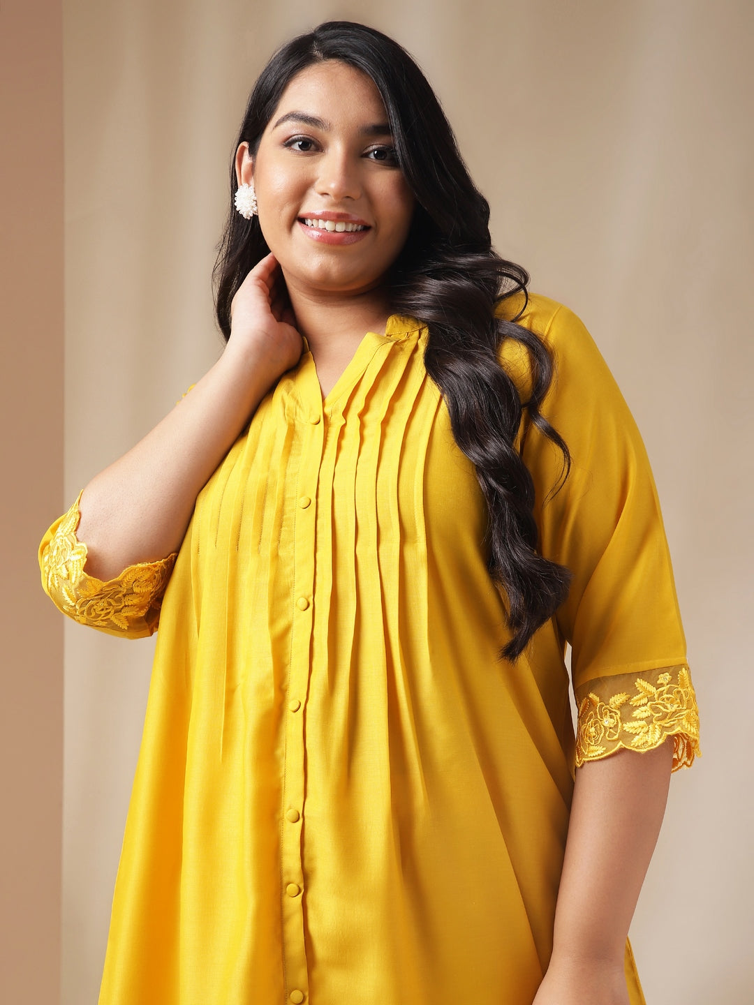 Janasya Pleated Muslin Yellow Solid Band Collar Kurta Set - Distacart