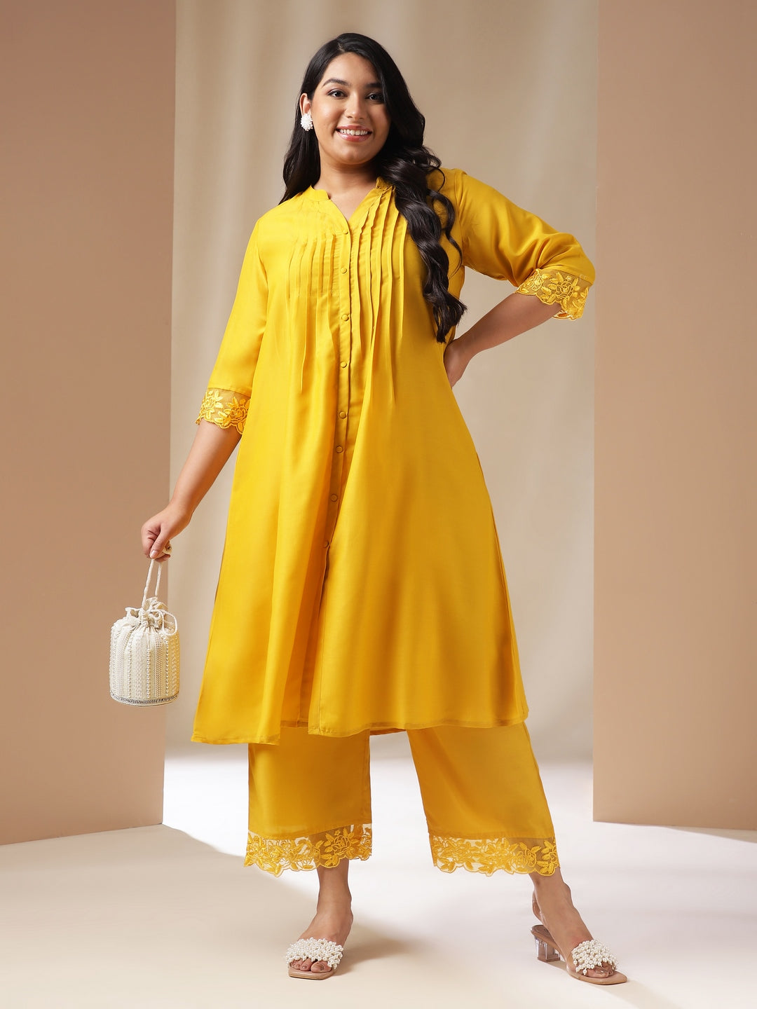 Janasya Pleated Muslin Yellow Solid Band Collar Kurta Set - Distacart