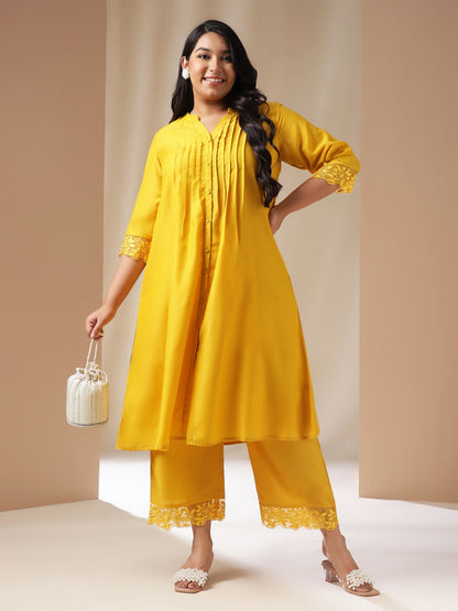 Janasya Pleated Muslin Yellow Solid Band Collar Kurta Set - Distacart