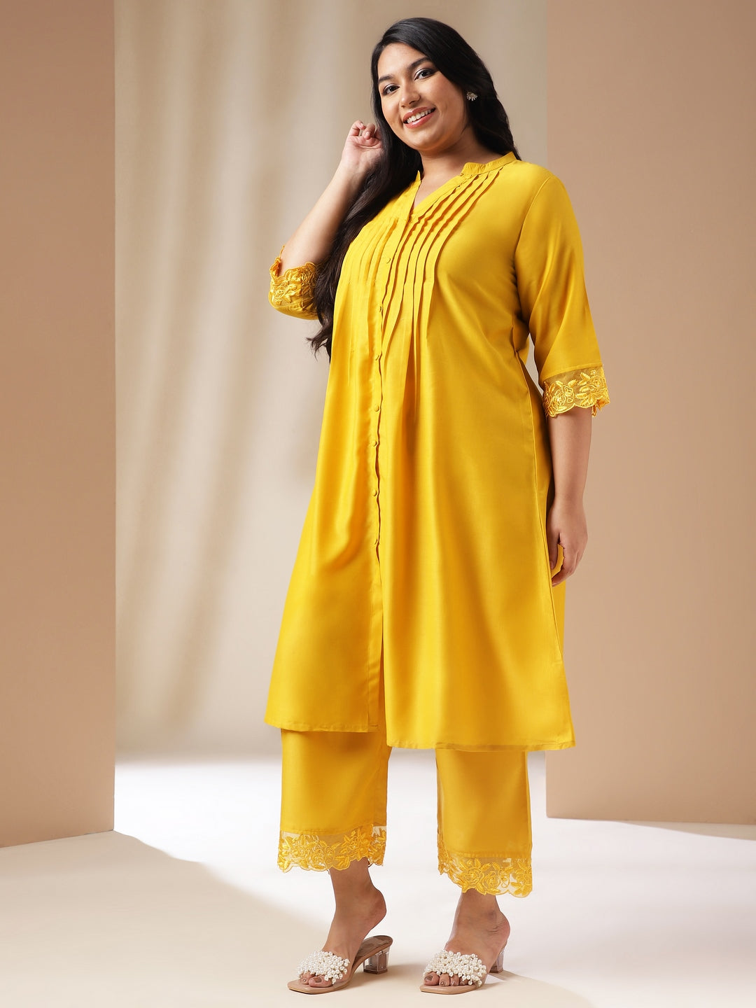 Janasya Pleated Muslin Yellow Solid Band Collar Kurta Set - Distacart