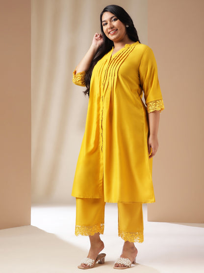 Janasya Pleated Muslin Yellow Solid Band Collar Kurta Set - Distacart