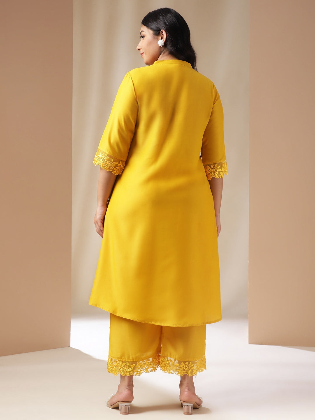 Janasya Pleated Muslin Yellow Solid Band Collar Kurta Set - Distacart
