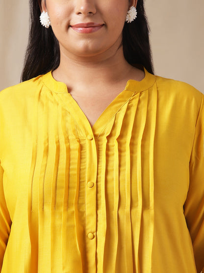 Janasya Pleated Muslin Yellow Solid Band Collar Kurta Set - Distacart