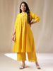Janasya Pleated Muslin Yellow Solid Band Collar Kurta Set - Distacart