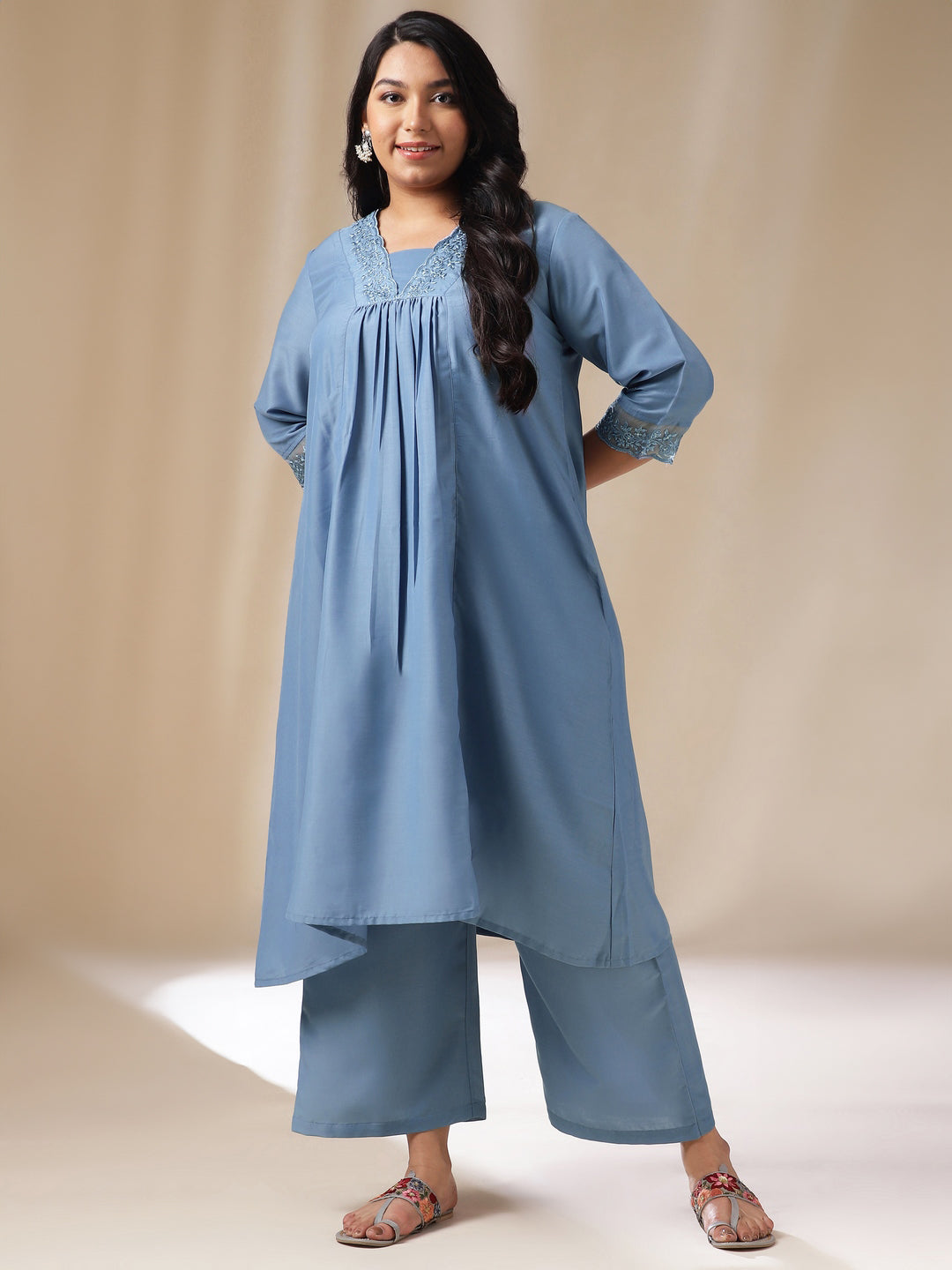 Janasya Gathering Muslin Blue Solid V-Neck Set - Distacart