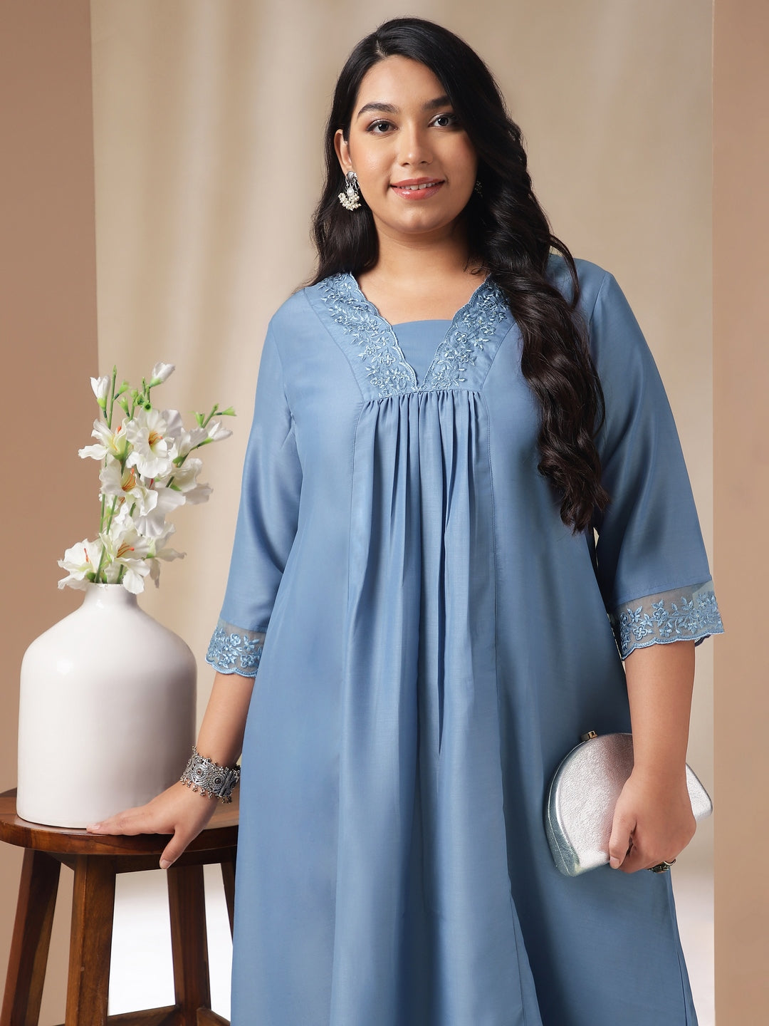 Janasya Gathering Muslin Blue Solid V-Neck Set - Distacart