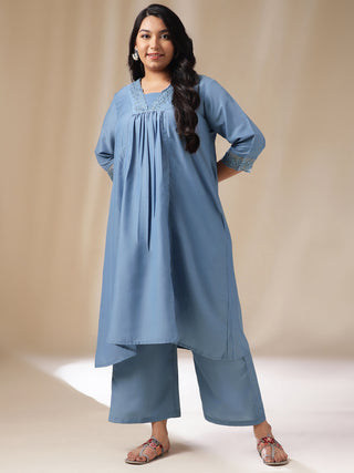 Janasya Gathering Muslin Blue Solid V-Neck Set - Distacart