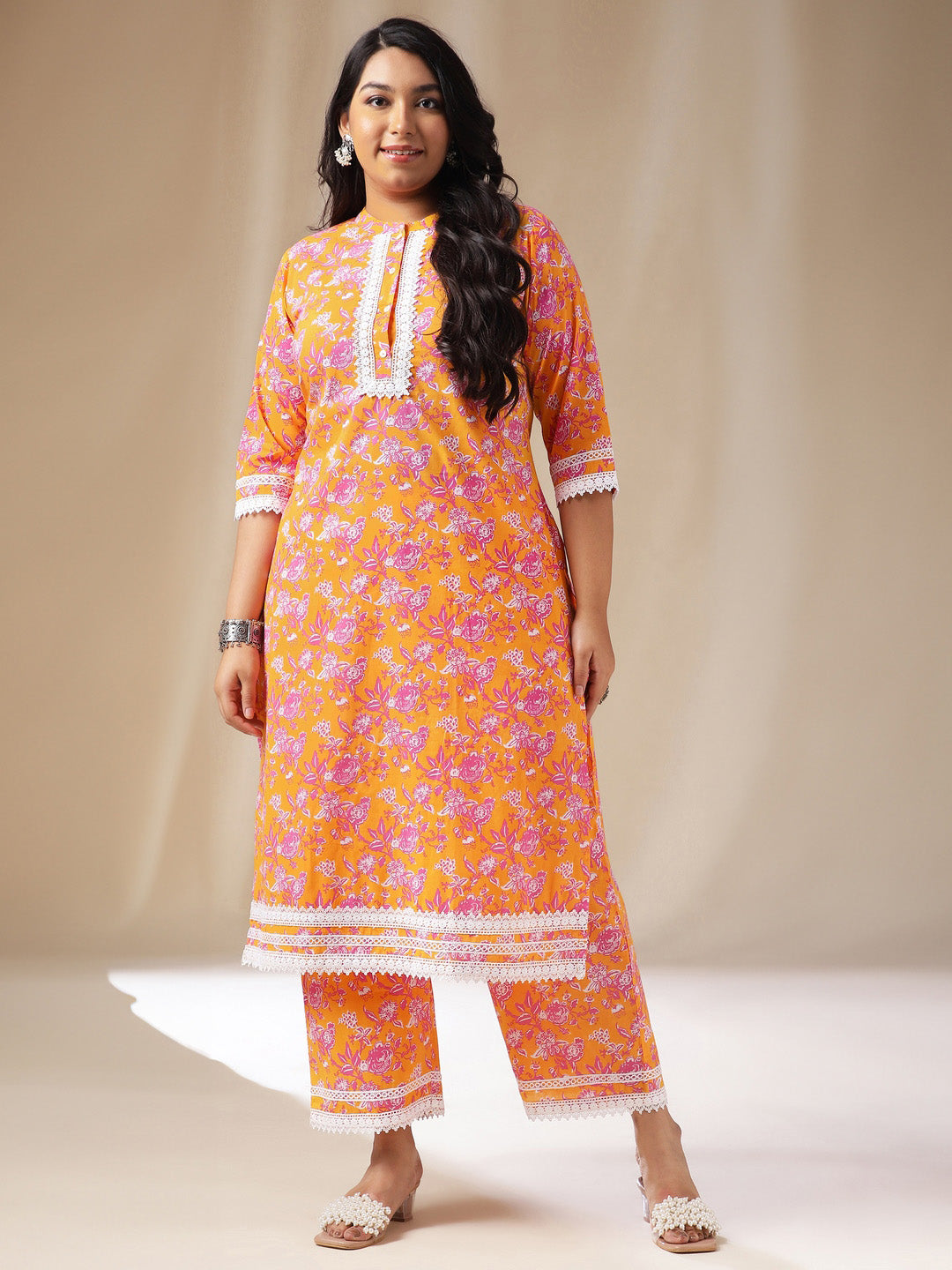 Janasya Straight Cambric Orange Floral Band Collar Kurta & Bottom - Distacart
