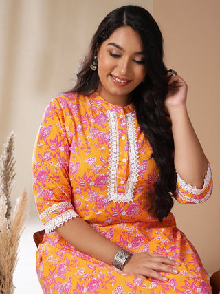 Janasya Straight Cambric Orange Floral Band Collar Kurta & Bottom - Distacart
