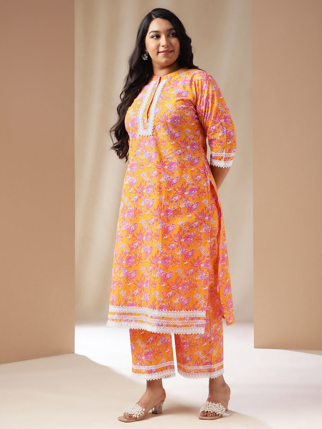 Janasya Straight Cambric Orange Floral Band Collar Kurta & Bottom - Distacart
