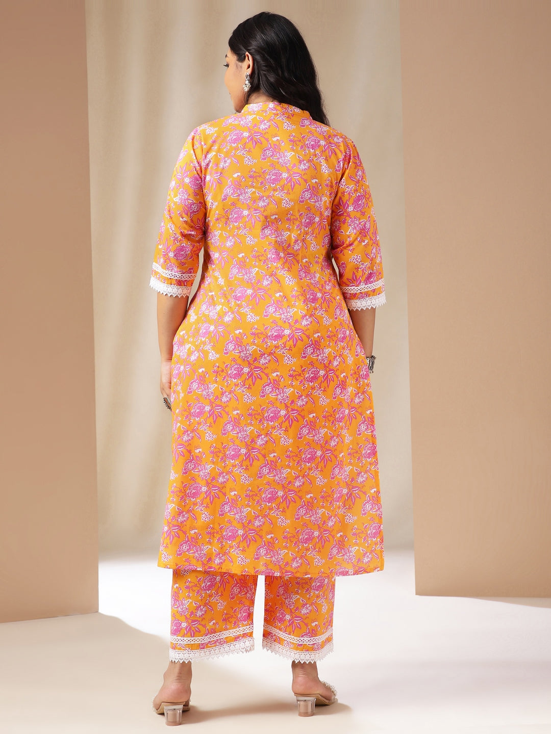 Janasya Straight Cambric Orange Floral Band Collar Kurta & Bottom - Distacart