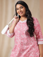 Thumbnail for Janasya Straight Cambric Pink Floral V-Neck Set - Distacart