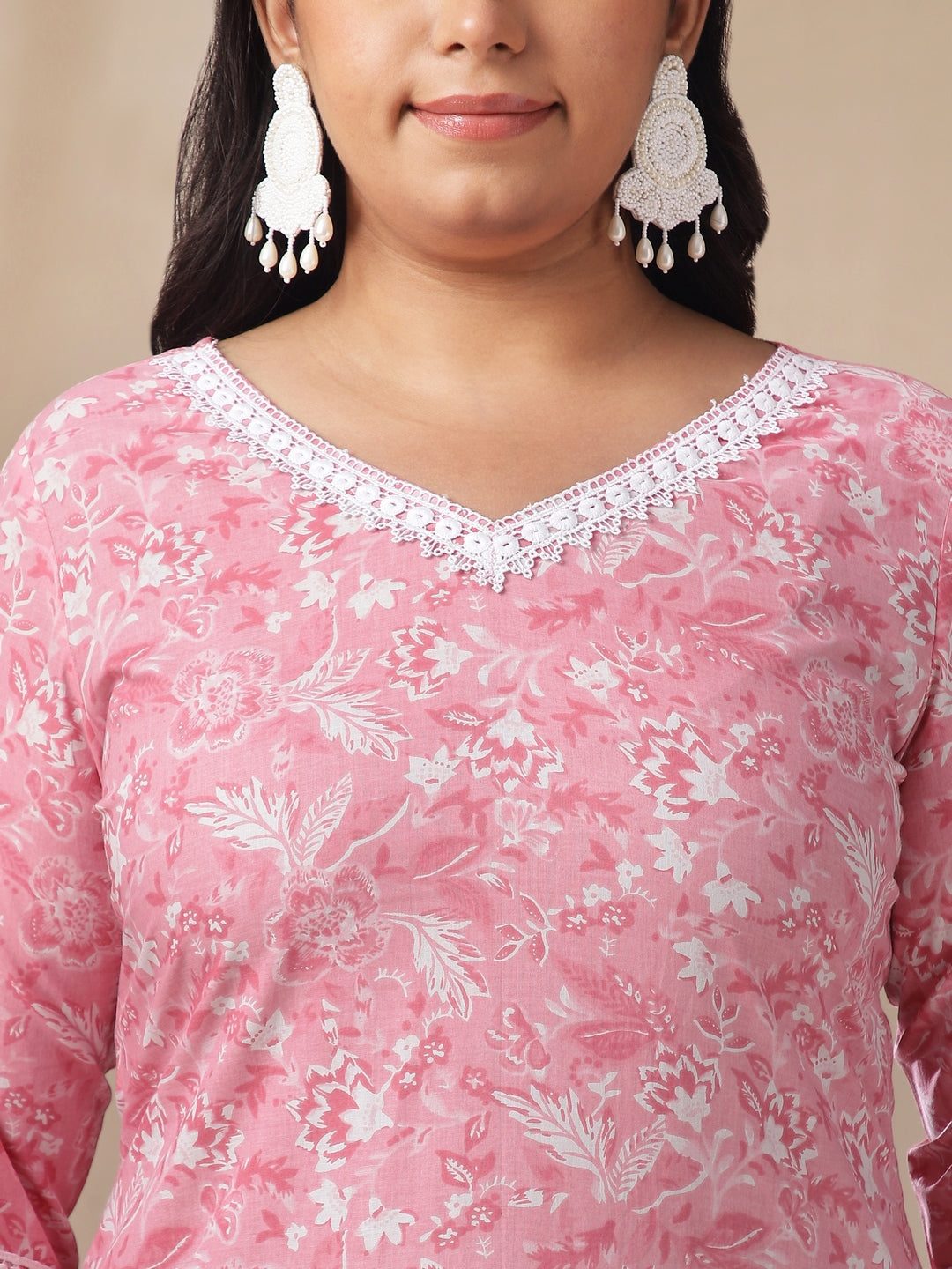 Janasya Straight Cambric Pink Floral V-Neck Set - Distacart