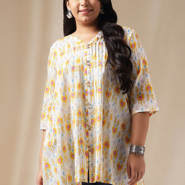 Janasya Pleated Cambric Off White Ikkat Notch Neck Tunic - Distacart