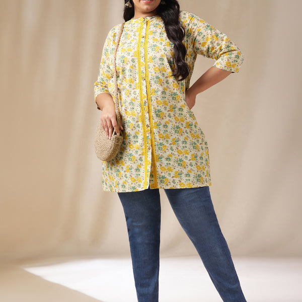 Janasya A-Line Cambric Off White Floral Band Collar Tunic - Distacart