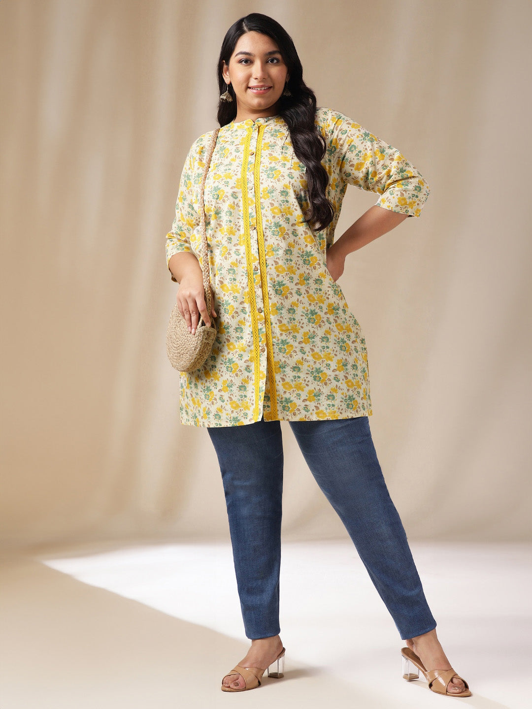 Janasya A-Line Cambric Off White Floral Band Collar Tunic - Distacart