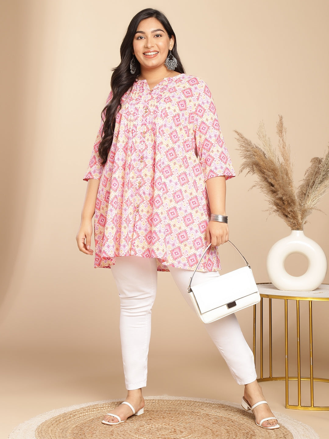 Janasya Pleated Cambric Pink Ikkat Notch Neck Tunic - Distacart
