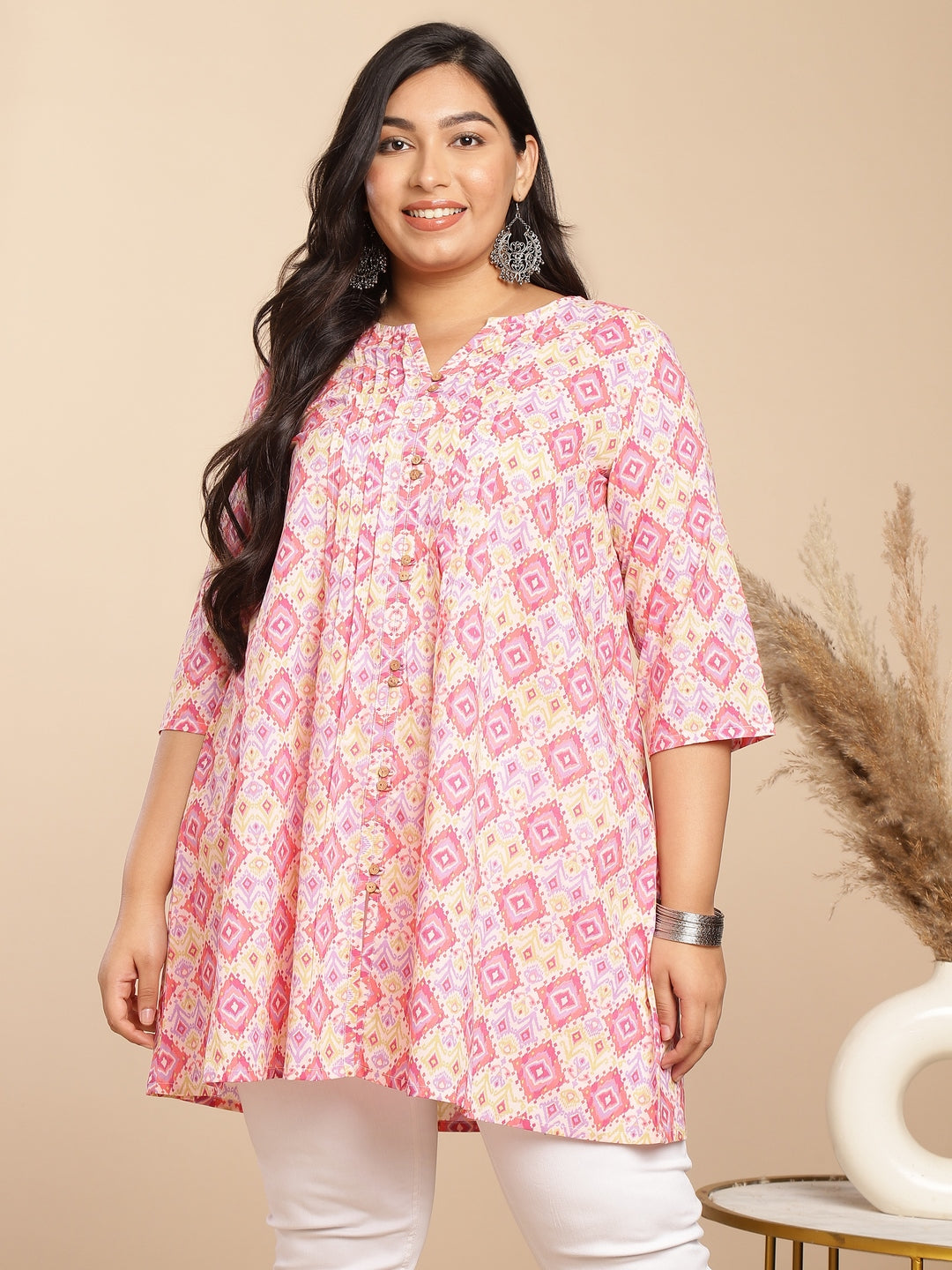 Janasya Pleated Cambric Pink Ikkat Notch Neck Tunic - Distacart