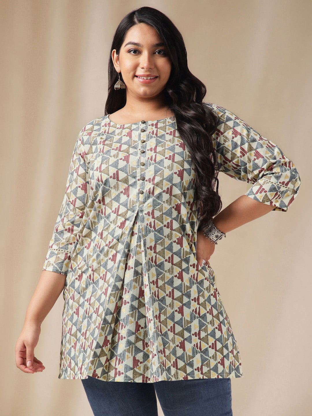 Janasya Regular Cambric Off White Gemometric Round Neck Tunic - Distacart