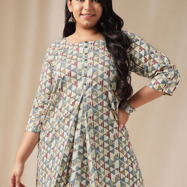 Janasya Regular Cambric Off White Gemometric Round Neck Tunic - Distacart