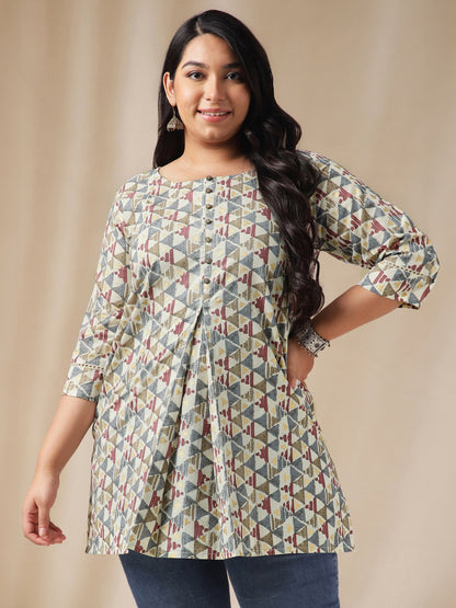 Janasya Regular Cambric Off White Gemometric Round Neck Tunic - Distacart