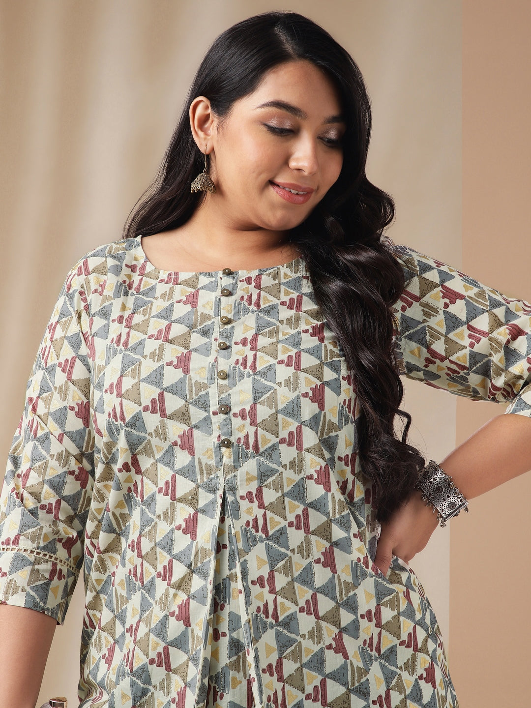 Janasya Regular Cambric Off White Gemometric Round Neck Tunic - Distacart