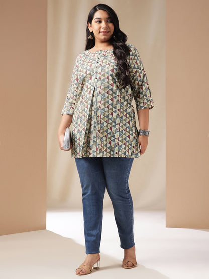 Janasya Regular Cambric Off White Gemometric Round Neck Tunic - Distacart