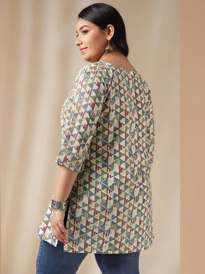 Janasya Regular Cambric Off White Gemometric Round Neck Tunic - Distacart