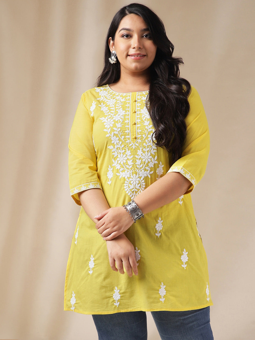 Janasya Regular N/A Yellow Embroidered Round Neck Tunic - Distacart