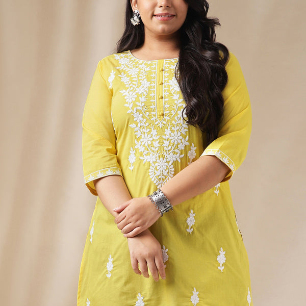 Janasya Regular N/A Yellow Embroidered Round Neck Tunic - Distacart