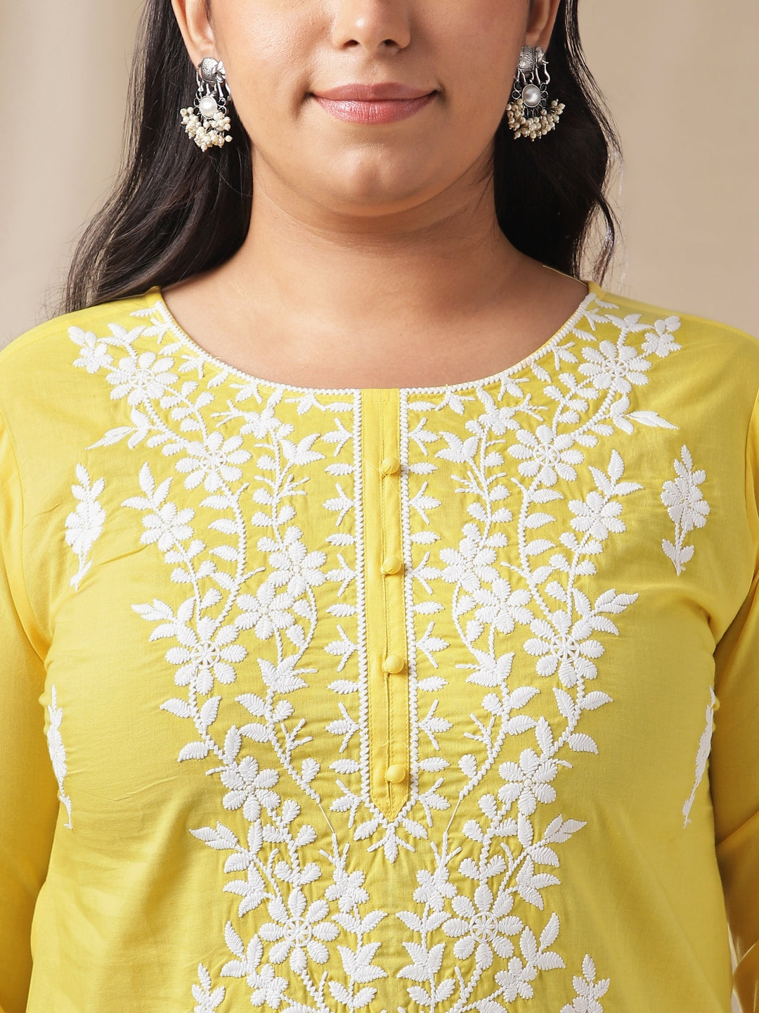 Janasya Regular N/A Yellow Embroidered Round Neck Tunic - Distacart