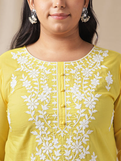 Janasya Regular N/A Yellow Embroidered Round Neck Tunic - Distacart